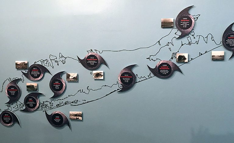 A graphical wall map showing the locations of historic hurricanes.