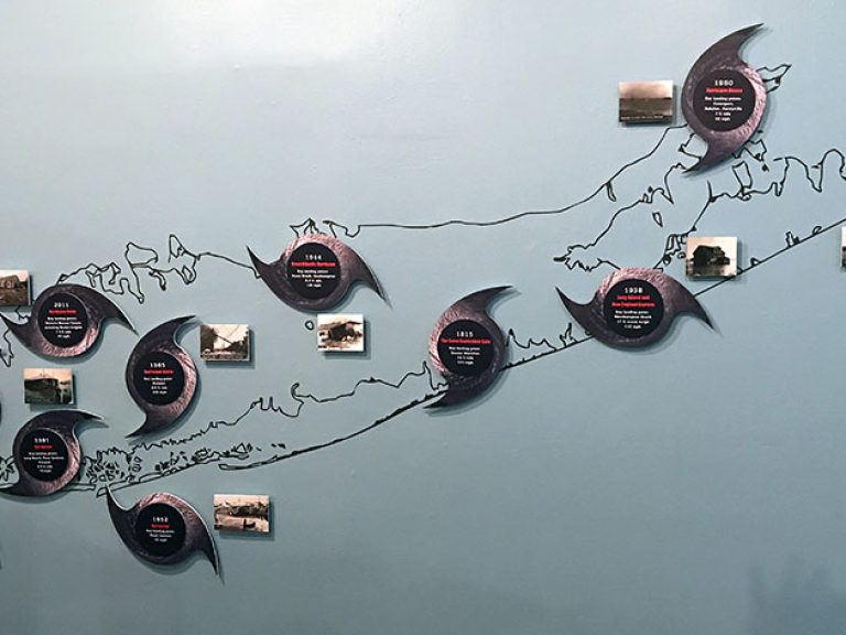 A graphical wall map showing the locations of historic hurricanes.